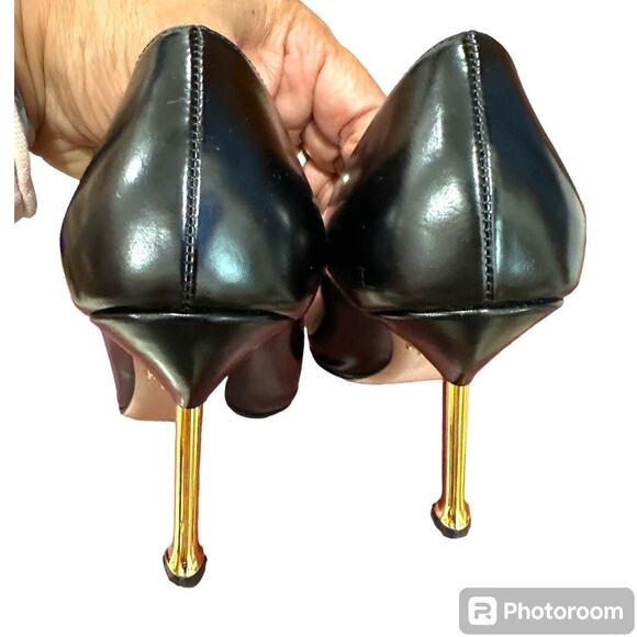 Prada Spazzolato Basi Nero black women's pumps gold heels size 36 authentic - Picture 5 of 12